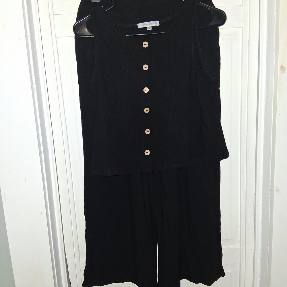 Miss Sparkling Chic Black Button-Front Top With Wide Leg Pant Set